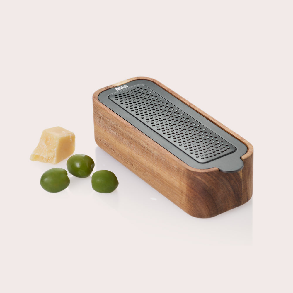 CutnServe Table Fine Grater with Collecting Container in Black & Acacia Wood